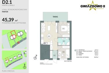 Rzut - Mieszkanie na sprzedaż 3 pokoje o powierzchni 45,39 m² - numer D2.1 w Gwiazdowo II