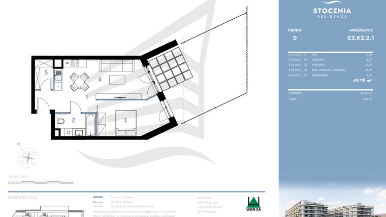 Rzut - Mieszkanie na sprzedaż 2 pokoje o powierzchni 49,79 m² - numer C2.K2.2.1 w Stocznia Residence