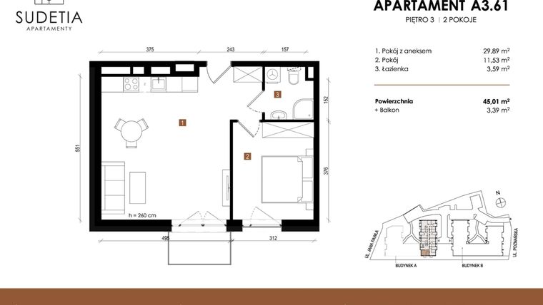 Rzut - Mieszkanie na sprzedaż 2 pokoje o powierzchni 45,01 m² - numer A 3.61 w Apartamenty Sudetia