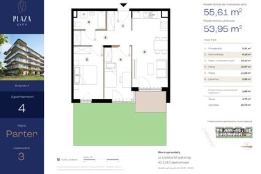 Rzut - Mieszkanie na sprzedaż 3 pokoje o powierzchni 55,61 m² - numer B4M4 w Plaza City