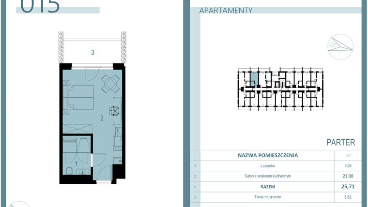 Rzut - Mieszkanie na sprzedaż 1 pokój o powierzchni 25,71 m² - numer 015 w Linea Mare Mrzeżyno