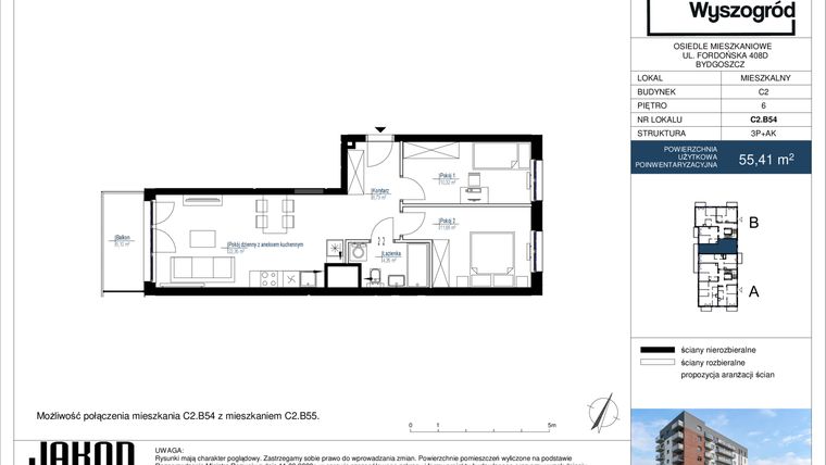 Rzut - Mieszkanie na sprzedaż 3 pokoje o powierzchni 55,41 m² - numer C2.B54 w Nowy Wyszogród etap II