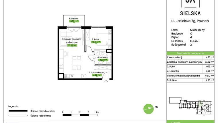 Rzut - Mieszkanie na sprzedaż 2 pokoje o powierzchni 46,12 m² - numer C.5.32 w JA_SIELSKA V