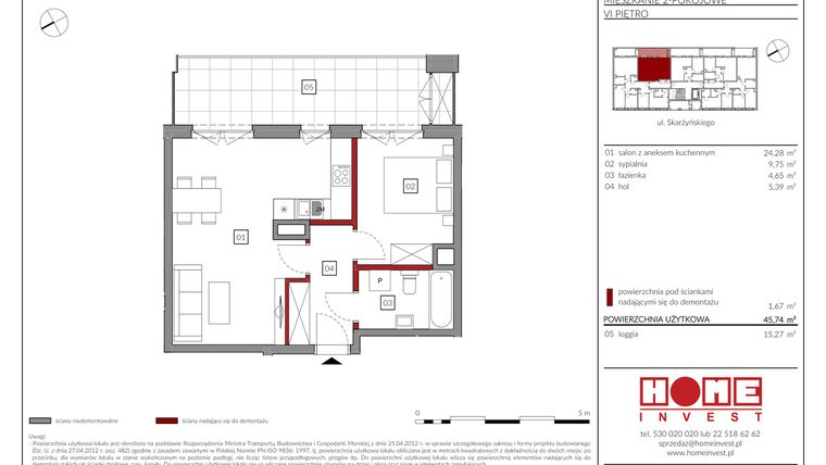 Rzut - Mieszkanie na sprzedaż 2 pokoje o powierzchni 45,74 m² - numer M29 w Rezydencja Ochota