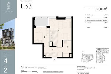 Rzut - Mieszkanie na sprzedaż 2 pokoje o powierzchni 38 m² - numer L53 w Sky Trust etap II - apartamenty inwestycyjne 23% VAT PRS