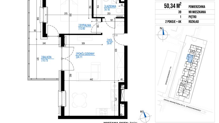 Rzut - Mieszkanie na sprzedaż 2 pokoje o powierzchni 50,34 m² - numer 39 w Vieniava edycja druga