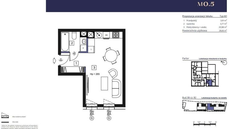 Rzut - Mieszkanie na sprzedaż 1 pokój o powierzchni 28,66 m² - numer B2 – M0.5 w Primacasa