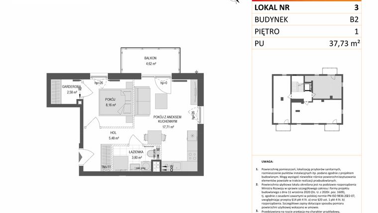 Rzut - Mieszkanie na sprzedaż 2 pokoje o powierzchni 37,73 m² - numer B2.3 w Gdańskie Zacisze