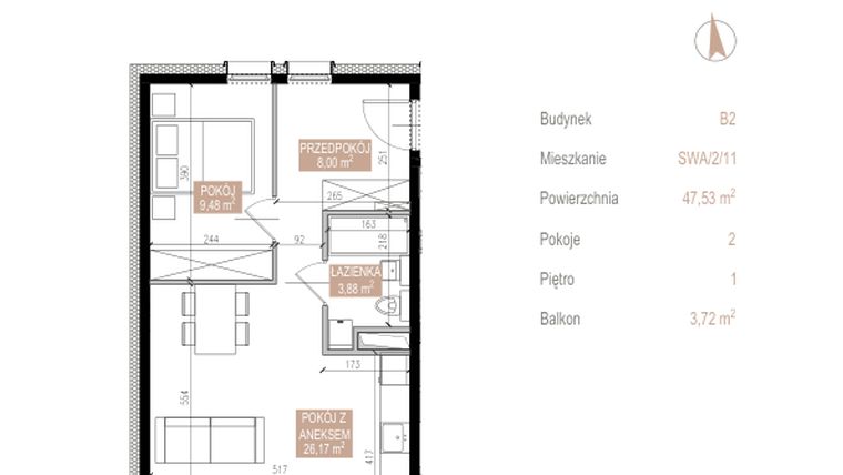 Rzut - Mieszkanie na sprzedaż 2 pokoje o powierzchni 46,48 m² - numer SWA/2/11/A w Apartamenty Świeradowska