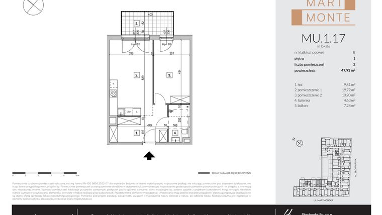 Rzut - Mieszkanie na sprzedaż 2 pokoje o powierzchni 47,93 m² - numer MU.1.17 w Marimonte - apartamenty inwestycyjne