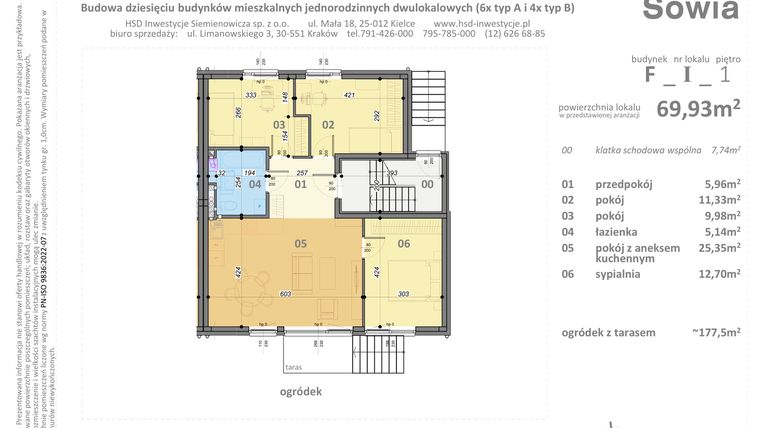 Rzut - Mieszkanie na sprzedaż 4 pokoje o powierzchni 69,93 m² - numer F1 w Sowia