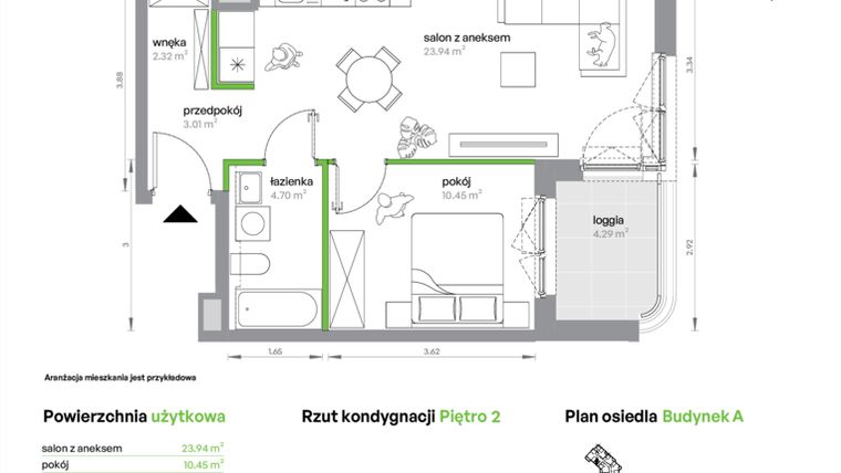 Rzut - Mieszkanie na sprzedaż 2 pokoje o powierzchni 44,42 m² - numer AA0204/4 w M Bemowo