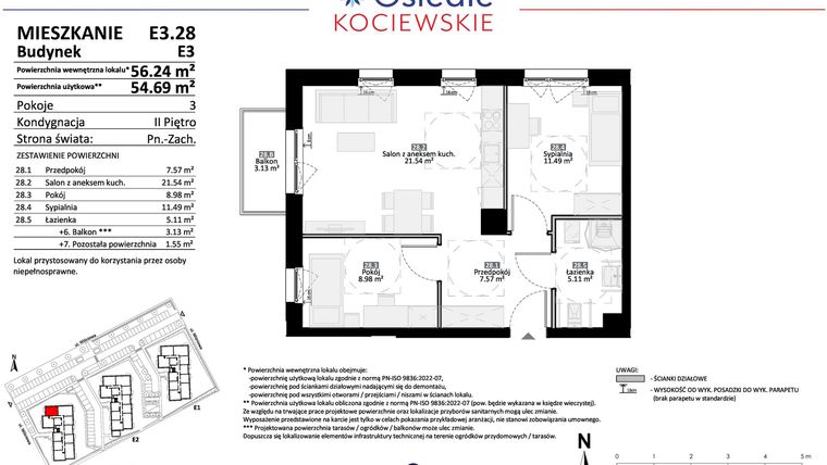 Rzut - Mieszkanie na sprzedaż 3 pokoje o powierzchni 54,69 m² - numer E3.28 w Osiedle Kociewskie bud. E