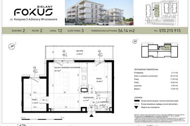 Rzut - Mieszkanie na sprzedaż 3 pokoje o powierzchni 56,14 m² - numer B2-12 w Fokus Bielany