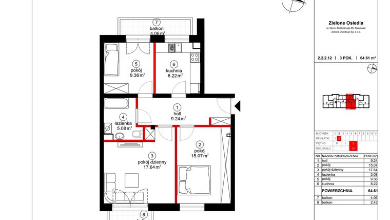 Rzut - Mieszkanie na sprzedaż 3 pokoje o powierzchni 63,54 m² - numer 12 w Czynu Społecznego 65E