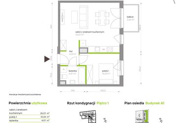 Rzut - Mieszkanie na sprzedaż 2 pokoje o powierzchni 43,69 m² - numer A1.1D97 w Bemowo Vita