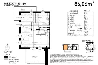 Rzut - Mieszkanie na sprzedaż 4 pokoje o powierzchni 86,06 m² - numer M60 w Finezja