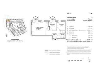 Rzut - Mieszkanie na sprzedaż 3 pokoje o powierzchni 54,64 m² - numer 1.01 w OVAL SKY