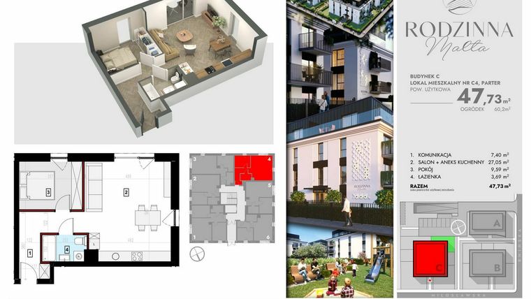 Rzut - Mieszkanie na sprzedaż 2 pokoje o powierzchni 47,73 m² - numer C4 w Rodzinna Malta