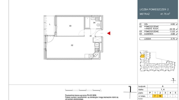 Rzut - Mieszkanie na sprzedaż 2 pokoje o powierzchni 41,75 m² - numer L7 w Morwowa 5 - Apartamenty inwestycyjne