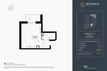 Rzut - Mieszkanie na sprzedaż 1 pokój o powierzchni 32,95 m² - numer A.201 w Rezydencja Śródmiejska