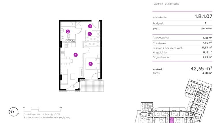 Rzut - Mieszkanie na sprzedaż 2 pokoje o powierzchni 42,35 m² - numer 1.B.1.07 w Murapol Scarpa