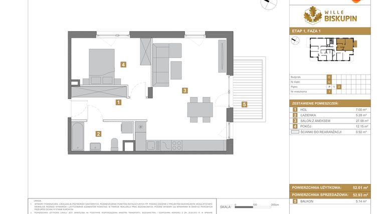 Rzut - Mieszkanie na sprzedaż 2 pokoje o powierzchni 52,93 m² - numer C.7 w Wille Biskupin
