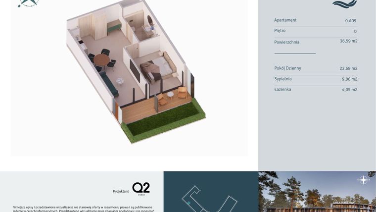 Rzut - Mieszkanie na sprzedaż 2 pokoje o powierzchni 36,59 m² - numer 0.A09 w Linea Mare - apartamenty inwestycyjne