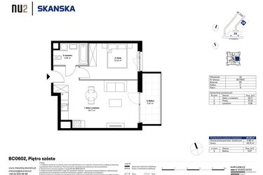 Rzut - Mieszkanie na sprzedaż 2 pokoje o powierzchni 42,29 m² - numer BC0602 w NU2 Warszawa Wola