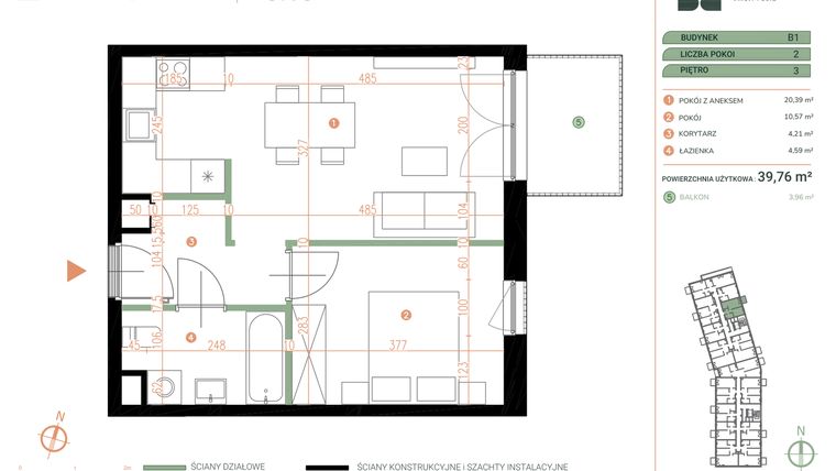 Rzut - Mieszkanie na sprzedaż 2 pokoje o powierzchni 39,76 m² - numer M.03.15 w Casa Feliz Portowa II