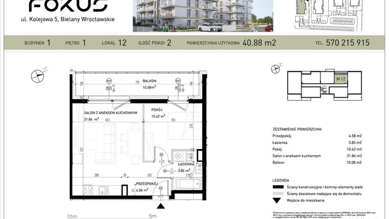 Rzut - Mieszkanie na sprzedaż 2 pokoje o powierzchni 40,88 m² - numer B1-12 w Fokus Bielany