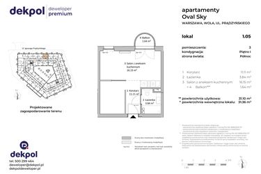 Rzut - Mieszkanie na sprzedaż 1 pokój o powierzchni 31,1 m² - numer 1.05 w OVAL SKY