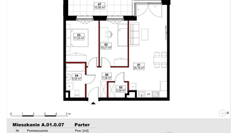 Rzut - Mieszkanie na sprzedaż 3 pokoje o powierzchni 62,92 m² - numer A01.0.07 w Skwer Witosa