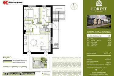 Rzut - Mieszkanie na sprzedaż 3 pokoje o powierzchni 53,01 m² - numer 12B w Wiązowna Forest