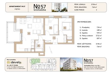 Rzut - Mieszkanie na sprzedaż 3 pokoje o powierzchni 57,96 m² - numer M-07 w Gromadzka 57