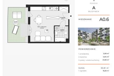 Rzut - Mieszkanie na sprzedaż 1 pokój o powierzchni 30,56 m² - numer A0.6 w Enklawa Bukowa