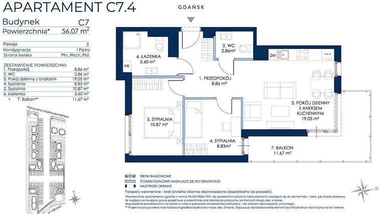 Rzut - Mieszkanie na sprzedaż 3 pokoje o powierzchni 56,38 m² - numer C7.4 w Sol Marina etap III