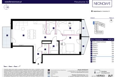 Rzut - Mieszkanie na sprzedaż 3 pokoje o powierzchni 74,75 m² - numer 15/52 w Osiedle Neonowe