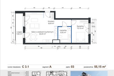 Rzut - Mieszkanie na sprzedaż 2 pokoje o powierzchni 55,15 m² - numer C 3.1 w Nowe Zabłocie