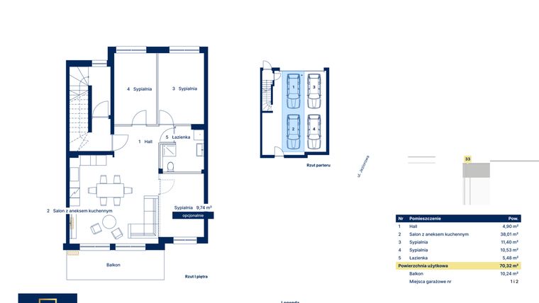 Rzut - Mieszkanie na sprzedaż 4 pokoje o powierzchni 70,32 m² - numer 33 w Nova Jeziorowa 2