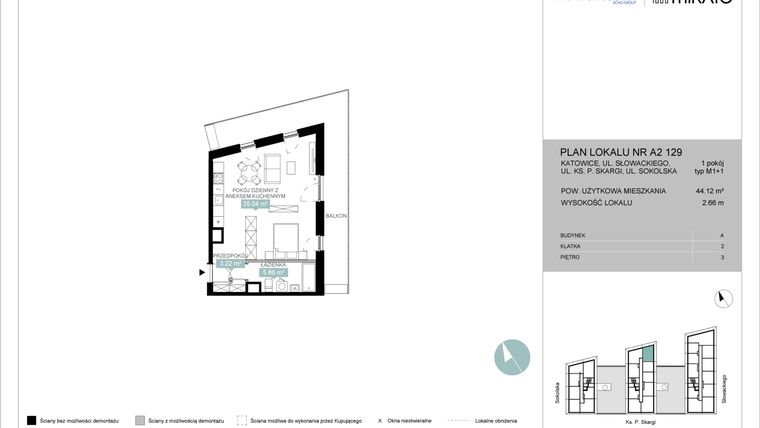 Rzut - Mieszkanie na sprzedaż 1 pokój o powierzchni 44,12 m² - numer A2 129 w Mikato