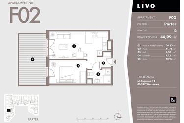 Rzut - Mieszkanie na sprzedaż 2 pokoje o powierzchni 40,99 m² - numer F02 w Livo