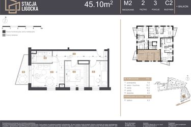 Rzut - Mieszkanie na sprzedaż 3 pokoje o powierzchni 45,1 m² - numer C2_M2 w Stacja Ligocka