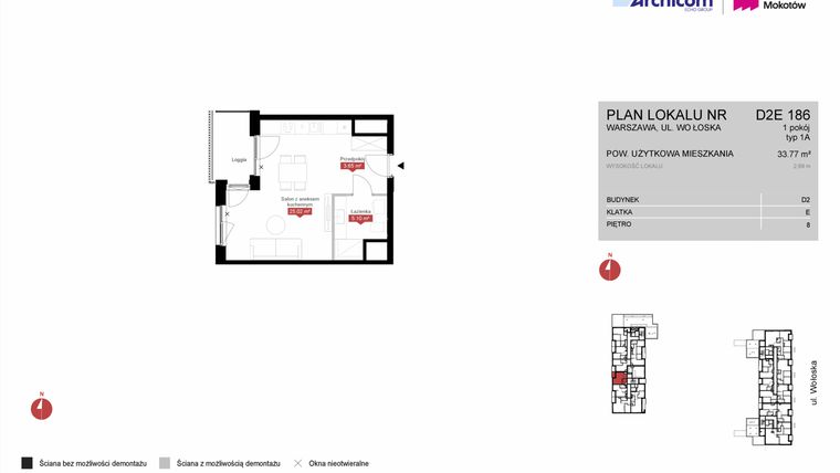 Rzut - Mieszkanie na sprzedaż 1 pokój o powierzchni 33,77 m² - numer D2E 186 w Modern Mokotów etap 4, budynek D1 i D2