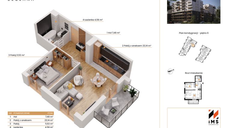 Rzut - Mieszkanie na sprzedaż 2 pokoje o powierzchni 46,7 m² - numer C.6.2 w Rondo Ceglana etap II