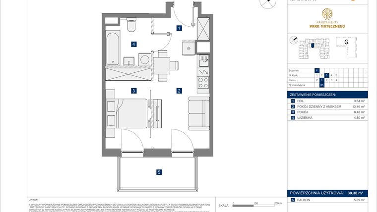 Rzut - Mieszkanie na sprzedaż 2 pokoje o powierzchni 30,38 m² - numer F-35 w Apartamenty Park Matecznego Etap 2