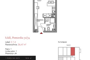 Rzut - Mieszkanie na sprzedaż 1 pokój o powierzchni 26,48 m² - numer C 1.4 w Melody Loft