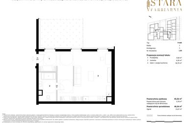 Rzut - Mieszkanie na sprzedaż 1 pokój o powierzchni 46,34 m² - numer 1.05 w Stara Farbiarnia