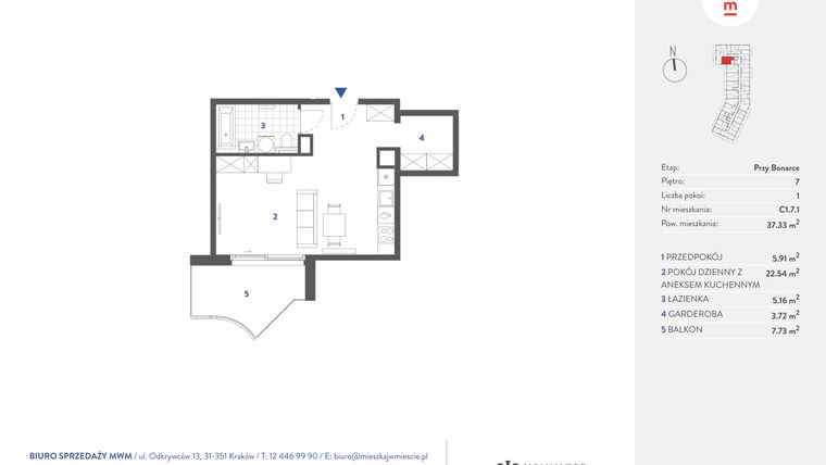 Rzut - Mieszkanie na sprzedaż 1 pokój o powierzchni 37,33 m² - numer C1.7.1 w Mieszkaj w mieście - przy Bonarce