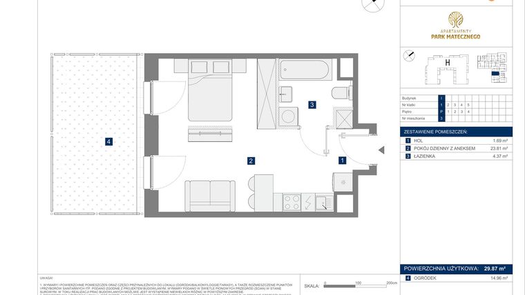 Rzut - Mieszkanie na sprzedaż 1 pokój o powierzchni 29,87 m² - numer I3 w Apartamenty Park Matecznego Etap 2.2